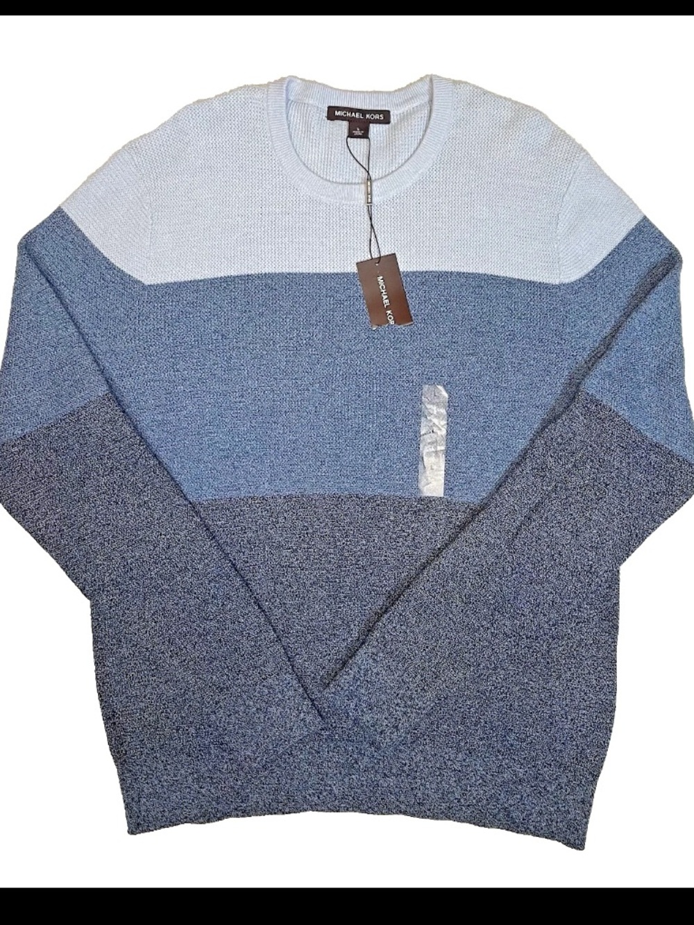 Michael‎ Kors Mens Large Blue White Striped Textured Crewneck Sweater NWT